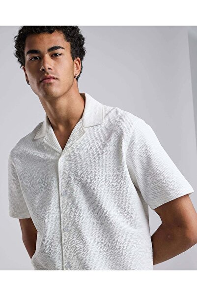 R&B Textured Shirt with Revere Collar and Short Sleeves