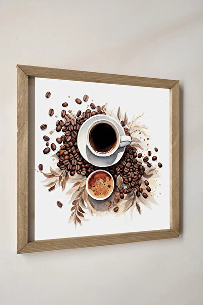 Wooden Factory With Wooden Frame, Watercolor Effect Coffee Beans, Turkish Coffee, Top View to Filter Coffee