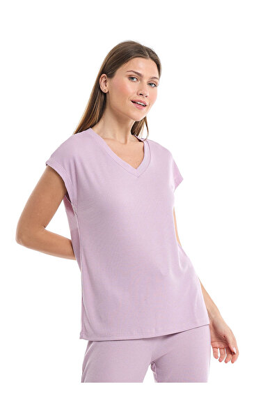 R&B Ribbed Top with V-Neck and Short Sleeves