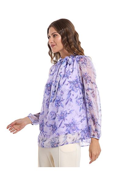 R&B Floral Print Top with Mock Neck and Puff Sleeves