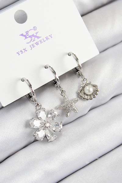 STİLLOVE Brass Zircon Stone 3-Piece Flower and Oyster Model Silver Color Women's Earrings