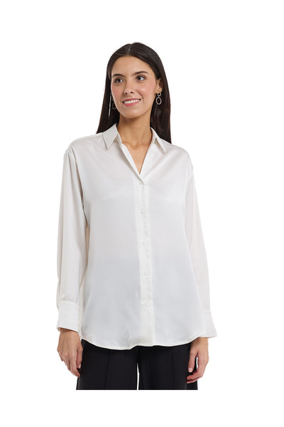 R&B Solid Satin Shirt with Classic Collar and Long Sleeves