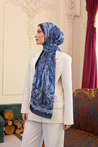 İpekhan Şal din voile cu model de mătase albastră - 9804-12