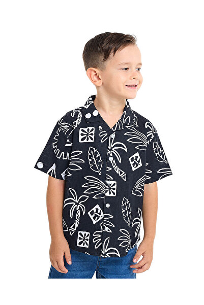 R&B Printed Shirt with Revere Collar and Short Sleeves