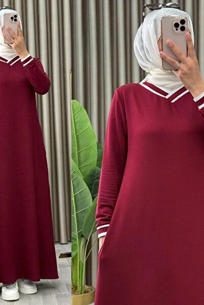 Mercan NURSAÇ ELBİSE Bordo Beyaz V Yaka Detaylı Tesettür Spor Elbise Kristal