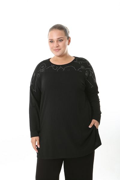XL Modam Women's Lycra Viscose Chest Sleeve Stoned Black Plus Size Tunic