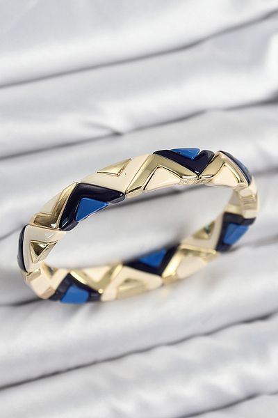 TT Tahtakale Toptancıları Brass Zigzag Patterned Navy Blue Cream Black Gold Color Elastic Women's Bracelet 7646