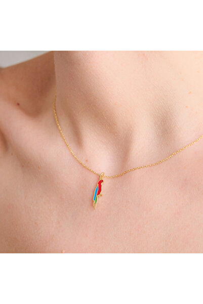 Luvaistanbul Özel Papağan Tasarım Mineli 14K Altın Kaplama 925K Gümüş Kolye