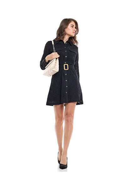 R&B Schiffli Shirt Dress with Classic Collar and Long Sleeves