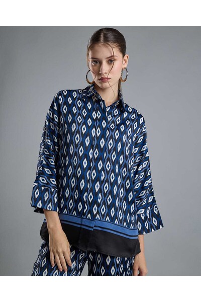 R&B Patterned Shirt with Classic Collar and 3/4 Sleeves