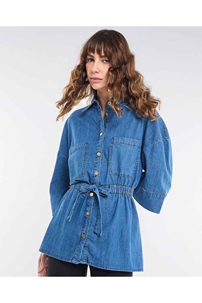 R&B Tie Waist Denim Top with Classic Collar and 3/4 Sleeves