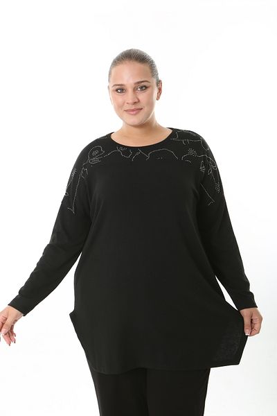 XL Modam Women's Lycra Viscose Chest Sleeve Stoned Black Plus Size Tunic