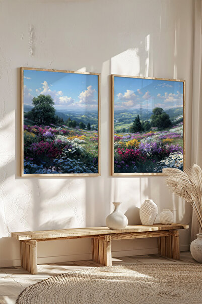 STARYUNA Ahşap Çerçeveli Renkli Çiçek Tarlası Manzaralı Yağlıboya Efektli İki...
