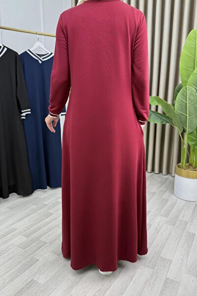 Mercan NURSAÇ ELBİSE Bordo Beyaz V Yaka Detaylı Tesettür Spor Elbise Kristal