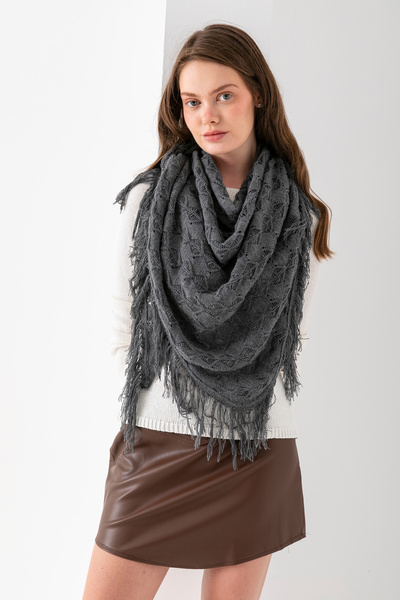 VEGA MODA Eșarfă triunghiulară pentru femei – tricotată cu modele și cu ciucuri, șal triunghiular cu modele tricotate