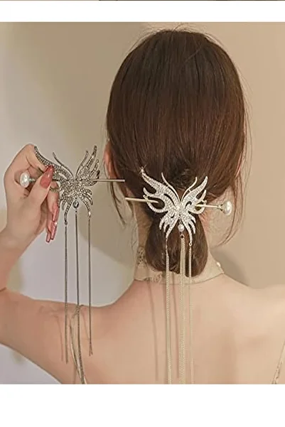 CAŞ DEKORASYON Gold Color Butterfly Figured Pearl Hanging Bun Buckle