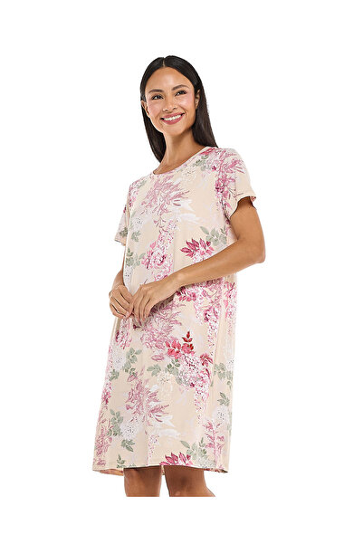 R&B Floral Patterned Nightdress with Crew Neck and Short Sleeves