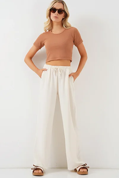Merterium Women's High Waist Wide Leg Trousers Cream 1294