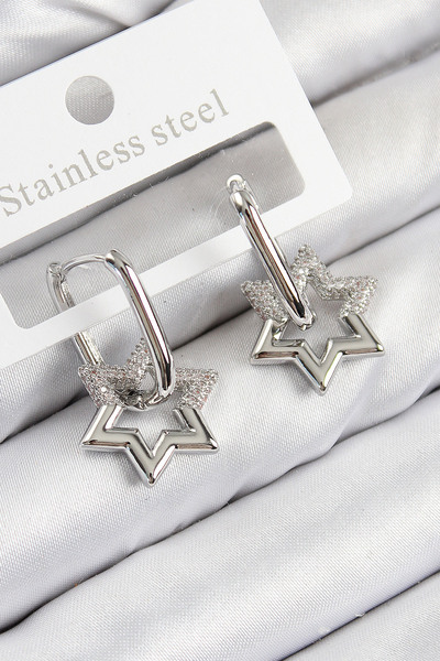STİLLOVE Brass Zircon Stone Star Model Silver Color Women's Earrings