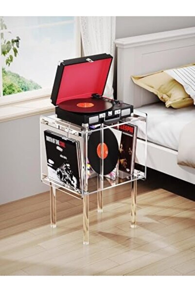 Slasa Transparent Acrylic Record Player Stand – Side Table with Rotating Platform (66×45×37 cm)