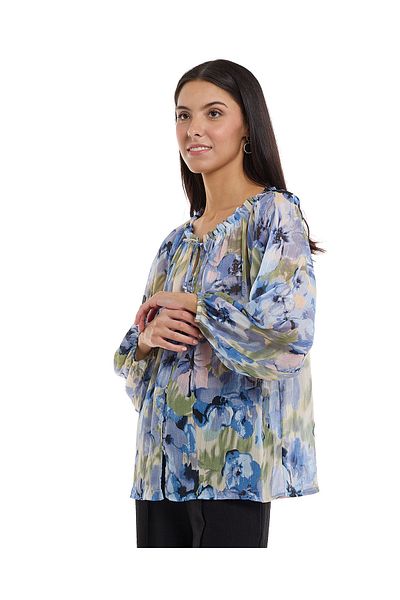 R&B Floral Print Top with Round Neck and Puff Sleeves