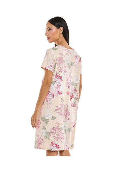 R&B Floral Patterned Nightdress with Crew Neck and Short Sleeves