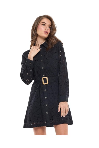 R&B Schiffli Shirt Dress with Classic Collar and Long Sleeves