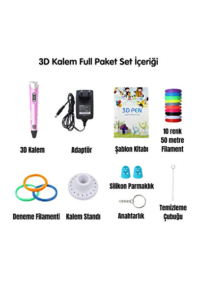 Kids Maker Pembe 3D Kalem Full Set-Adaptörlü-Şablon Kitabı-Filament-Temizleme Çubuğu-Parmak Koruyucu-Anahtarlık