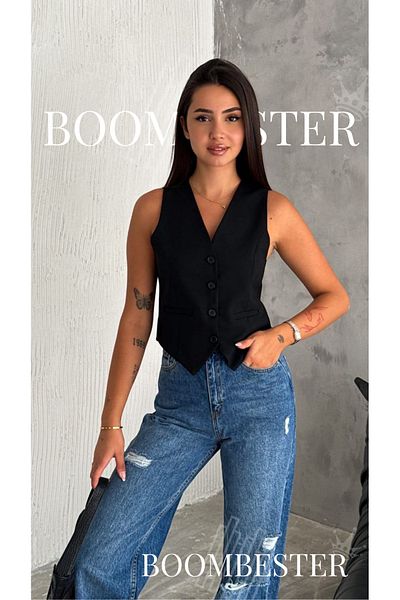 BoomBester Women's Lined Vest Black – Buttoned Stylish Sports Style Vest Polyviscon Fabric
