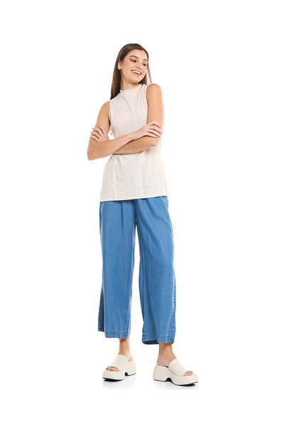 R&B Faded Denim Culottes with Elastic Waist
