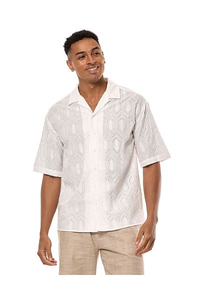 R&B Openwork Shirt with Revere Collar and Short Sleeves