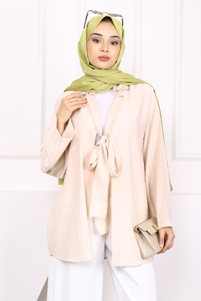 İmajButik Kimono modal bej cu legare în față