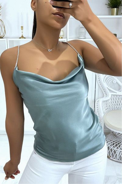 Intisimo Satin Top, Rhinestone Straps, One Size Fits All, Medium Length, Turquoise