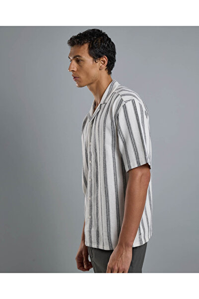 R&B Striped Shirt with Revere Collar and Short Sleeves