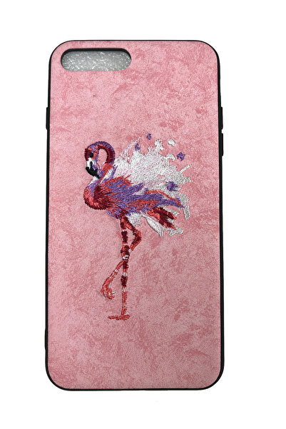 OEM Husă compatibilă cu iPhone 7 Plus, Flamingo brodat pe imitație de piele, Roz