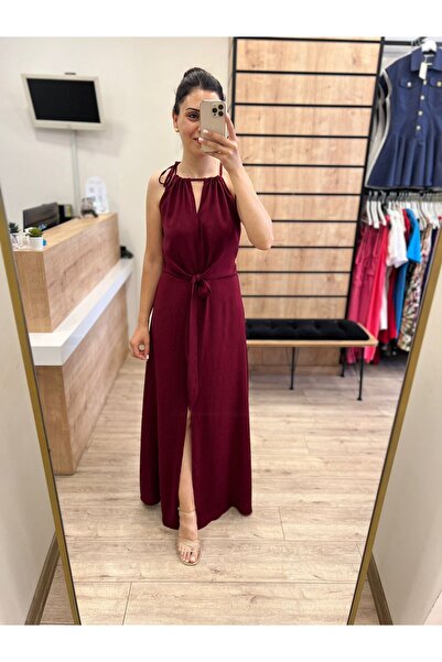 beyazmoda Bordo Bağlama Detaylı Halter Yaka Saten Elbise