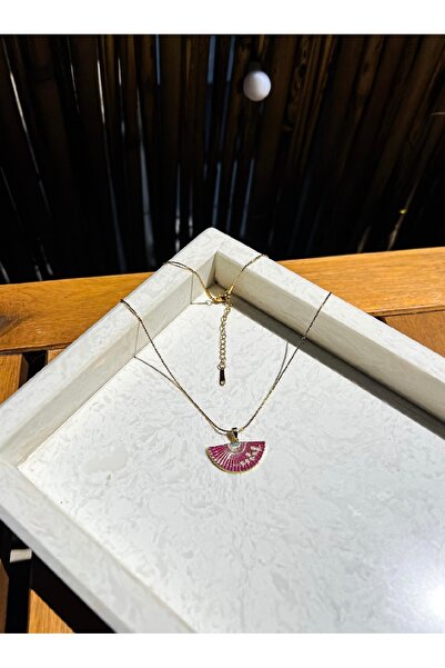 LUXSTONE Pembe Çelik Gold Yelpaze Model Kolye