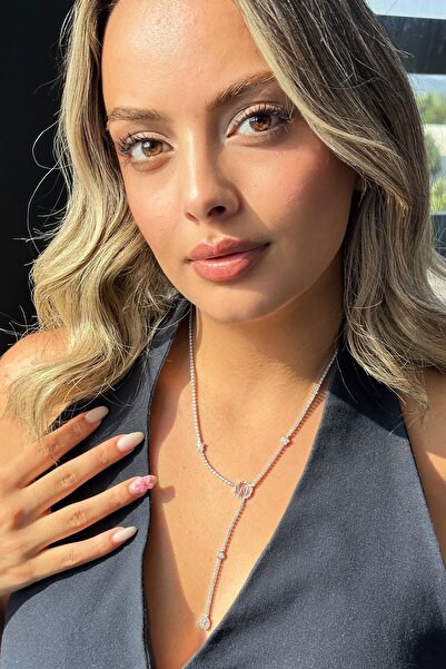 TAKIŞTIR Silver Color W Letter Figured Stone Detailed Steel Y Necklace