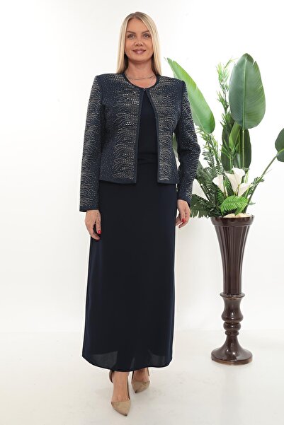 MİSS DİAMOND سترة بأكمام طويلة مطرزة باللون الأزرق الداكن بدلة ثلاثية الطول