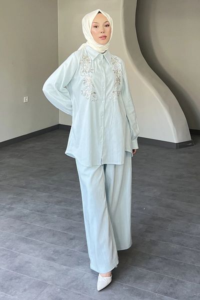 EL jadida Women's Embroidered Linen Plus Size Double Suit