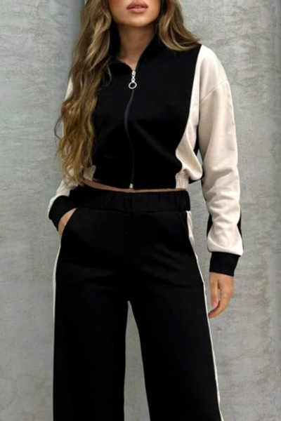 FashionForYou Γυναικεία φόρμα JANA, μπουφάν με φερμουάρ και καμπάνα παντελόνι φαρδύ, μαύρο με κρεμ φάσα