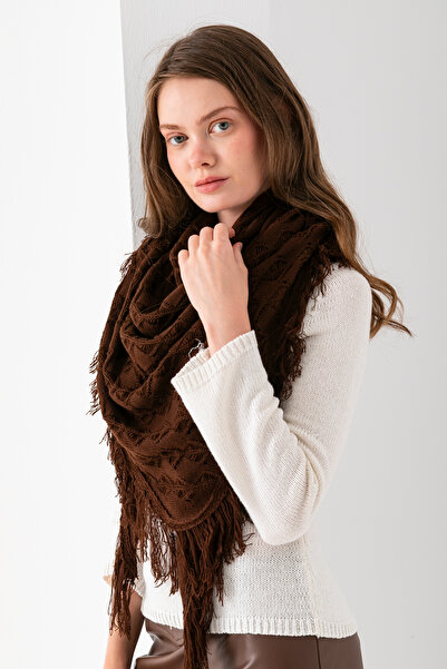 VEGA MODA Eșarfă triunghiulară pentru femei – tricotată cu modele și cu ciucuri, șal triunghiular cu modele tricotate