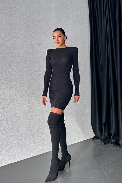 FashionForYou MiraBELL elegant dress, bodycon and oversized shoulder cut, Black, M