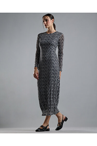 R&B Patterned Sheath Dress with Crew Neck and Long Sleeves