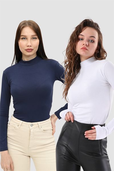 LAENT Women's White Navy Blue Stand Collar 2-Piece Bodysuit