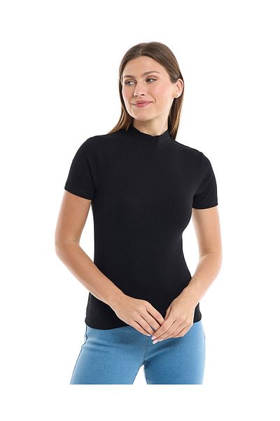 R&B Ribbed Top with Mock Neck and Short Sleeves