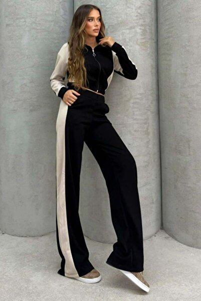 FashionForYou Γυναικεία φόρμα JANA, μπουφάν με φερμουάρ και καμπάνα παντελόνι φαρδύ, μαύρο με κρεμ φάσα