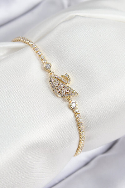 STİLLOVE سوار نسائي من النحاس والزركون بحجر البجعة موديل ذهبي اللون