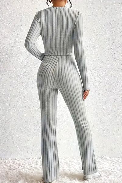 FashionForYou Wayana casual knit look set, long sleeve blouse and stretch pants, Grey, M