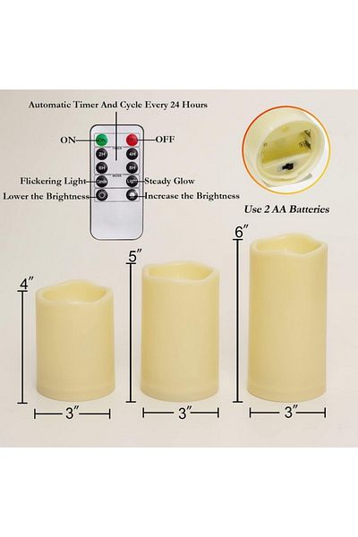 AMagic Set of 3 LED candles, batteries and remote control, 10 cm, 12.5 cm, 15 cm height, 7.6 cm diameter, AMagic